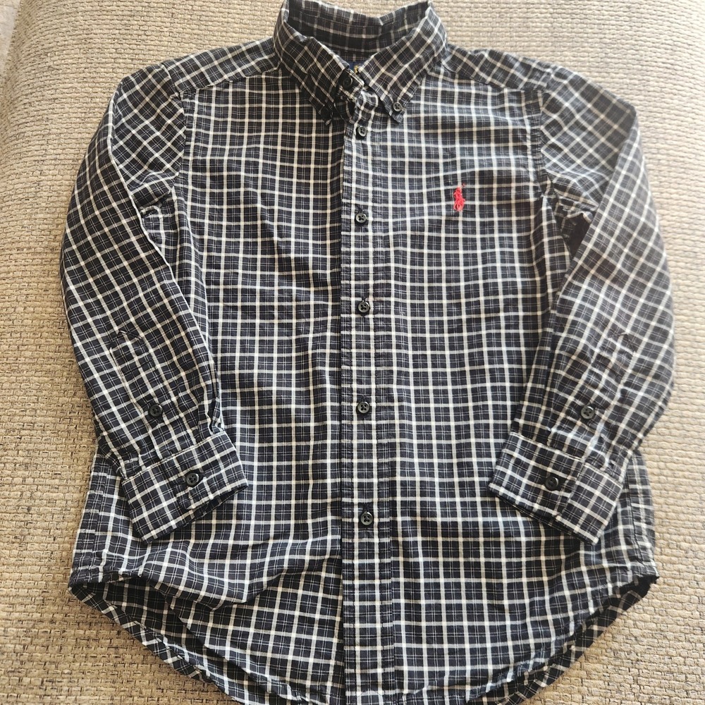 Ralph Lauren Plaid Black Button Up Long Sleeve Boys Sz . Small